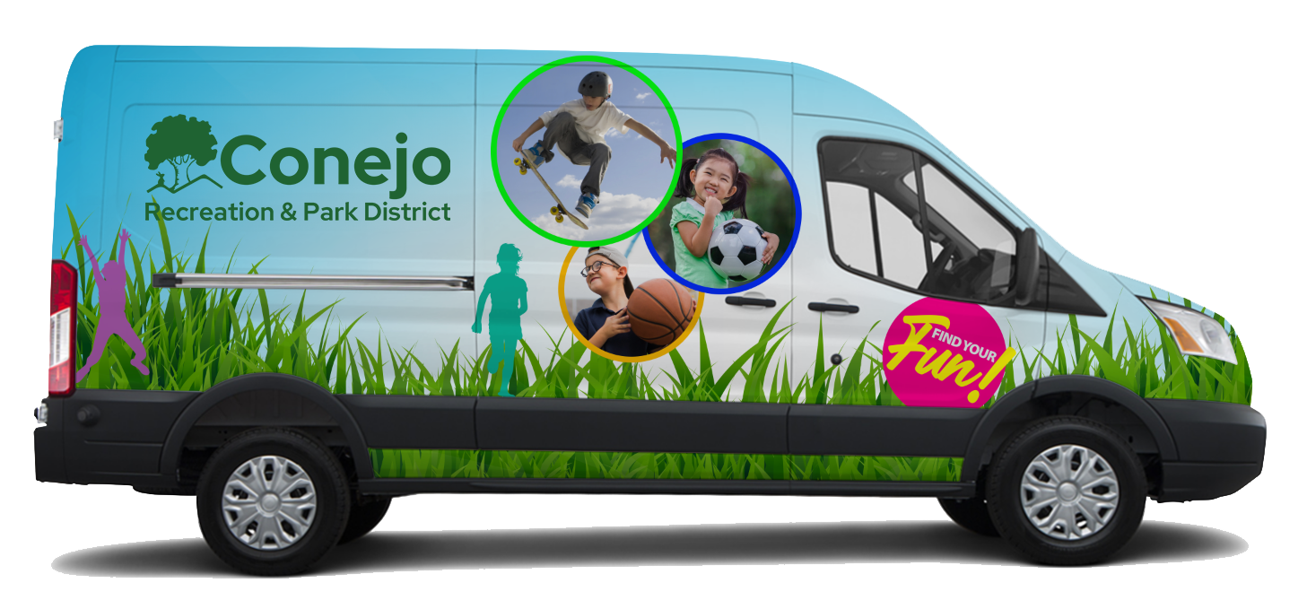 Van with “Conejo Recreation & Park District” logo, grass design, children playing sports, and “Find Your Fun!” slogan.