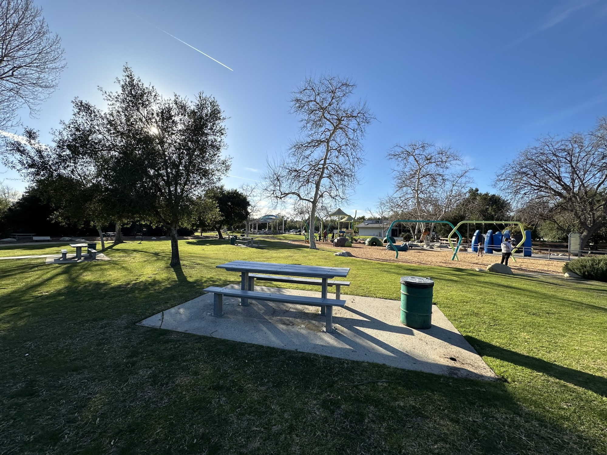 A park with trees, playground, and empty picnic tables. Bright, sunny day with clear skies and people playing in the background.