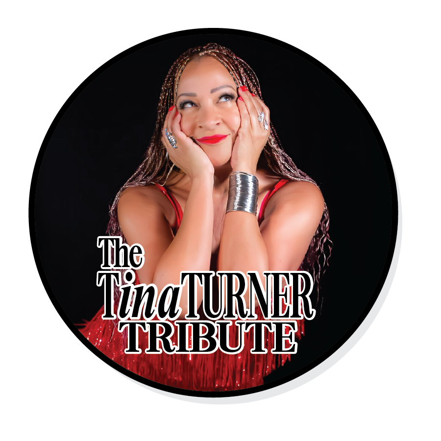 A woman in red poses with hands on her cheeks. Text reads "The Tina Turner Tribute."