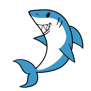 A cartoon shark smiling with a playful expression.