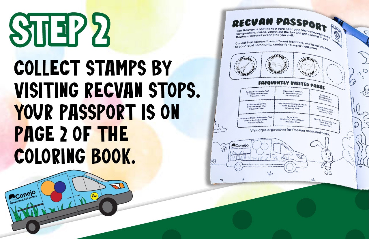 Step 2: Collect stamps at RecVan stops. Passport is page 2 of the coloring book. Includes an image of a van and RecVan Passport page.