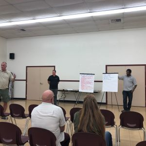 People in a room with chairs face three presenters standing near easels with paper, possibly during a meeting or presentation.