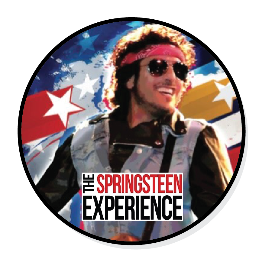 A person wearing sunglasses and a red bandana with text: "The Springsteen Experience." Colorful star background.