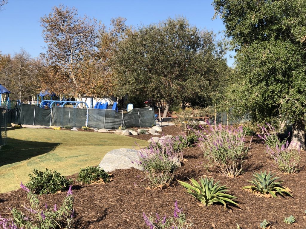 A fenced playground with blue equipment, surrounded by trees and landscaped garden with shrubs and flowers.