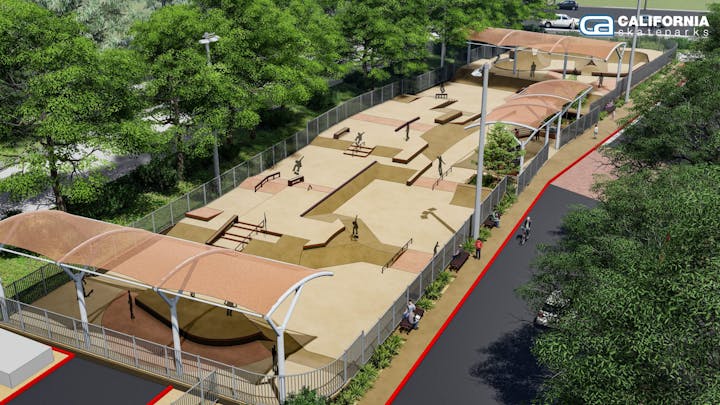 An aerial view of a skatepark with ramps, rails, and shaded areas, surrounded by trees and pathways.