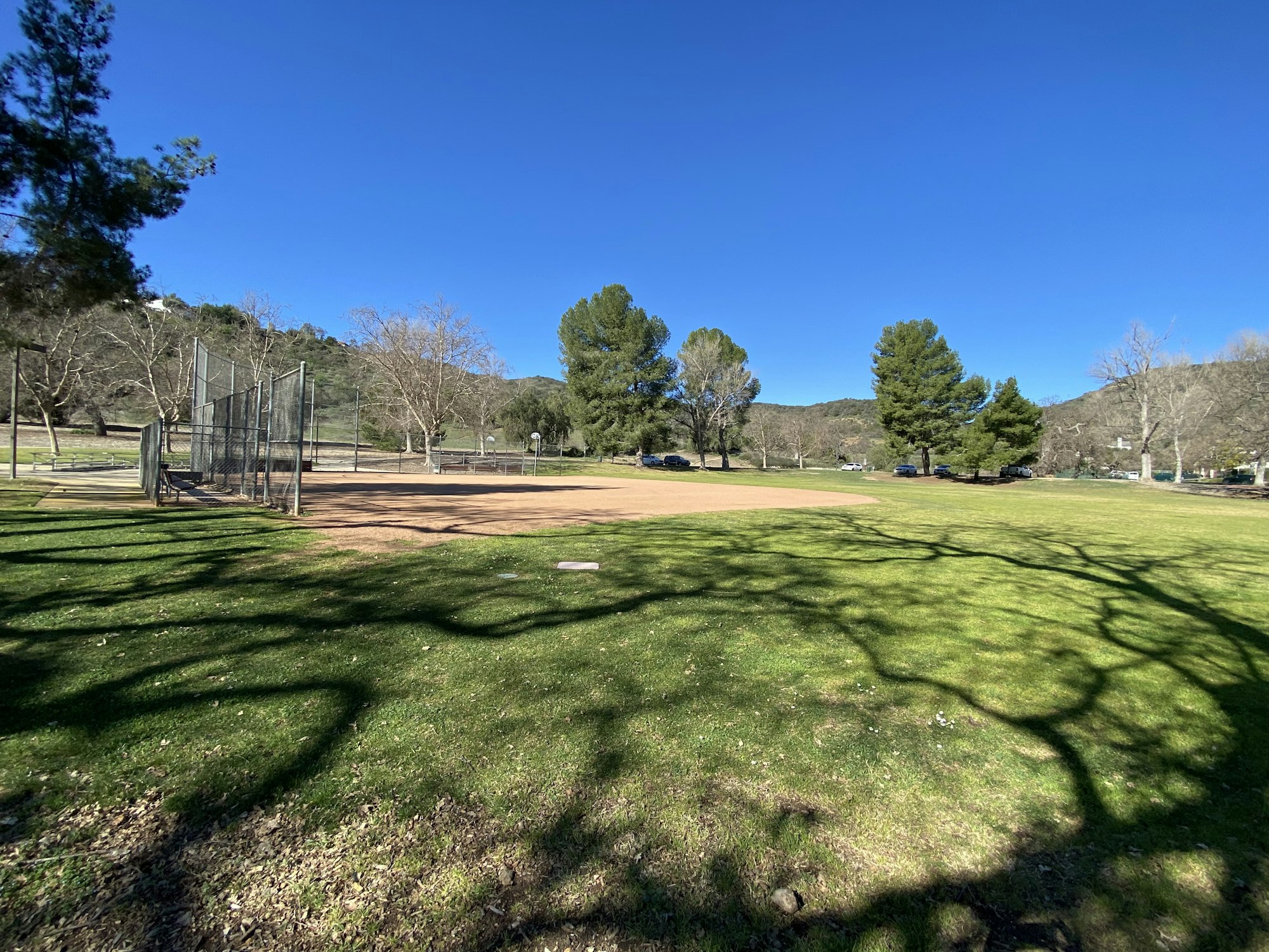 A baseball field in a park, surrounded by trees and blue sky.