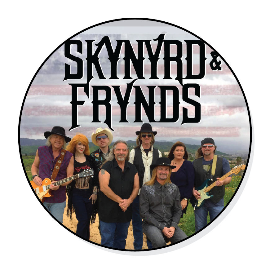 A group photo with people holding guitars, text above reads "Skynyrd & Frynds."