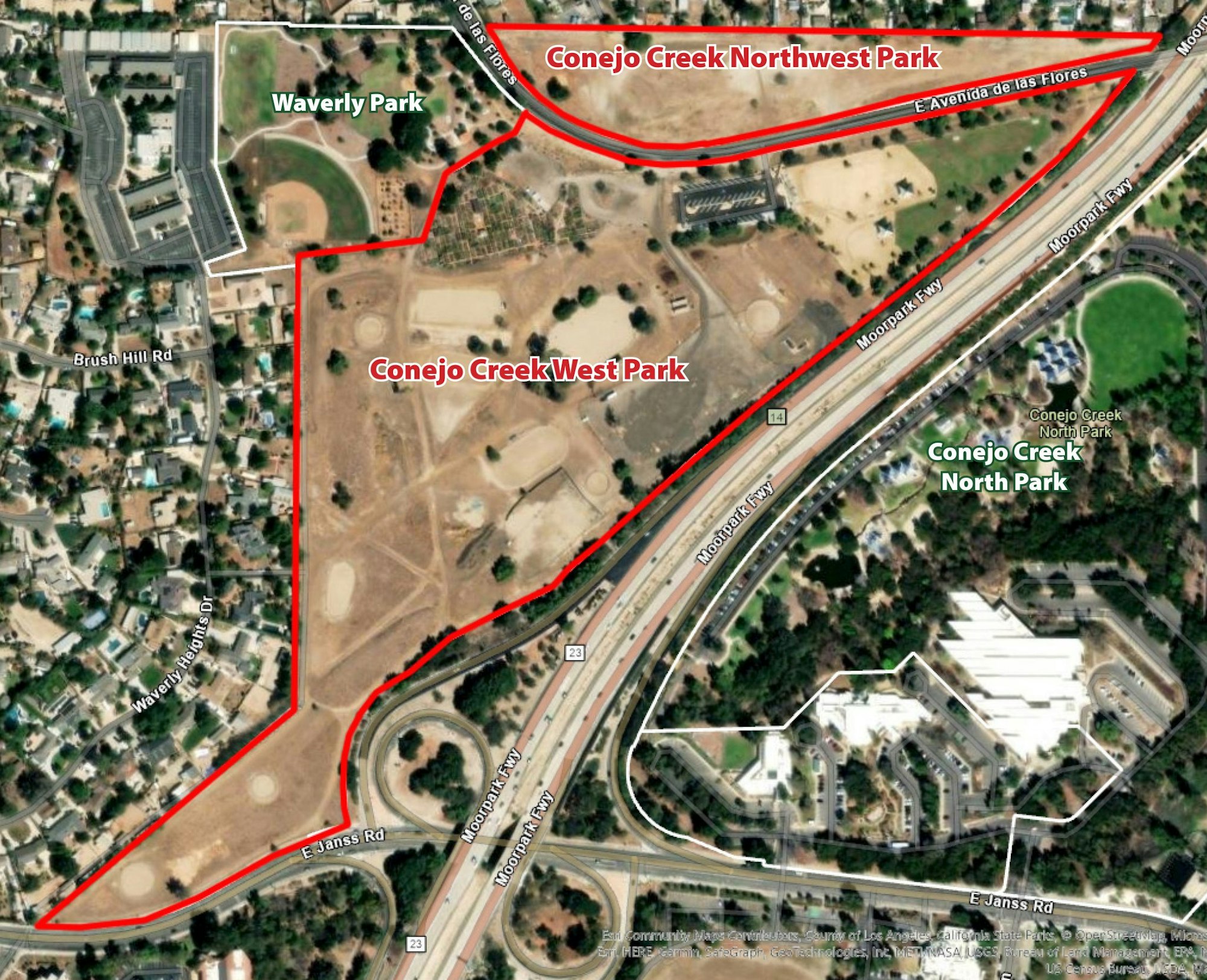 Aerial view of Conejo Creek Northwest, West, and North Parks, with roads and residential areas labeled.