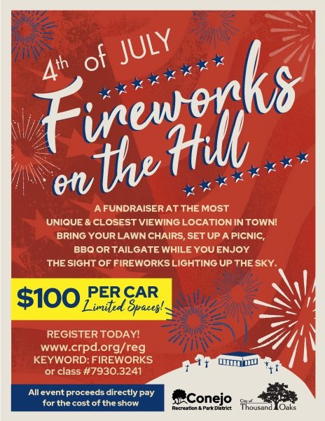 4th of July "Fireworks on the Hill" fundraiser. $100 per car. Picnic, BBQ, tailgate. Register at crpd.org/reg.