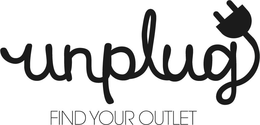 The image features the word "unplug" styled with a plug icon and the phrase "FIND YOUR OUTLET" below.