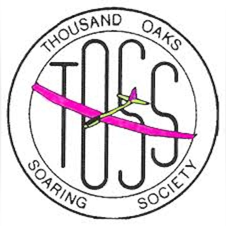Logo of Thousand Oaks Soaring Society with a glider crossing the acronym "TOSS."