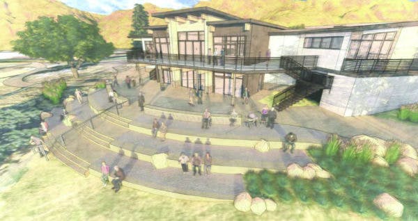 A digitally rendered building with people, stairs, and landscape elements.