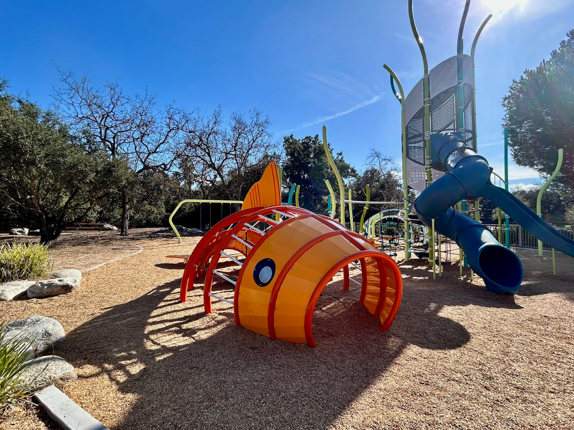 Colorful playground with fish-shaped tunnel and twisty slides under a clear blue sky.