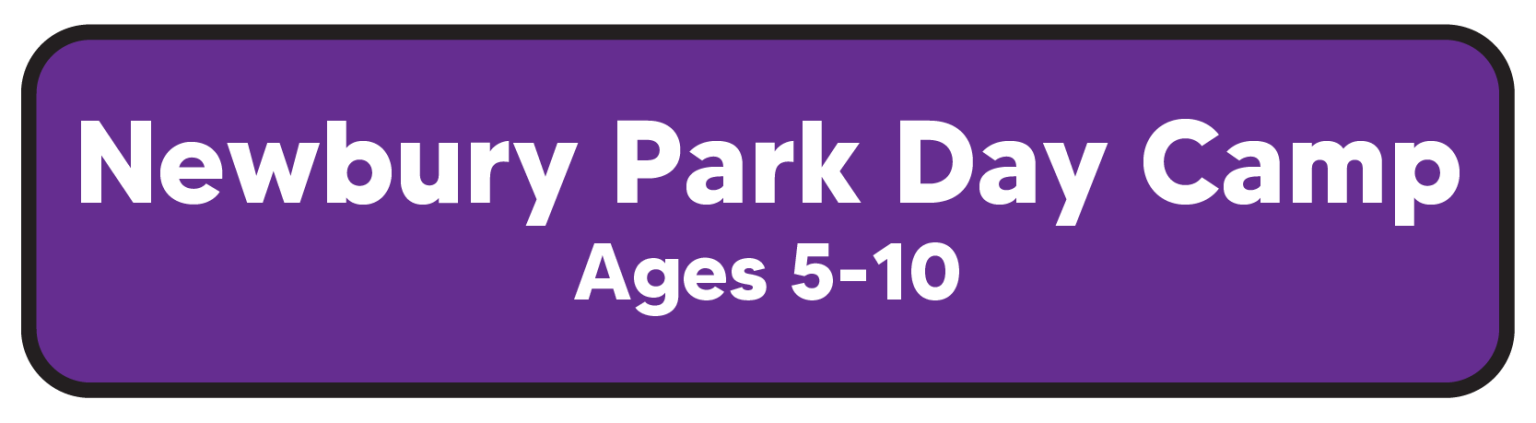 Purple sign for "Newbury Park Day Camp" for ages 5-10.