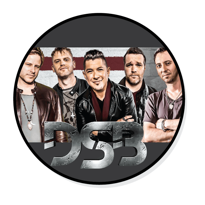 Five men in leather jackets stand behind a "DSB" logo on a circular image with a striped background.