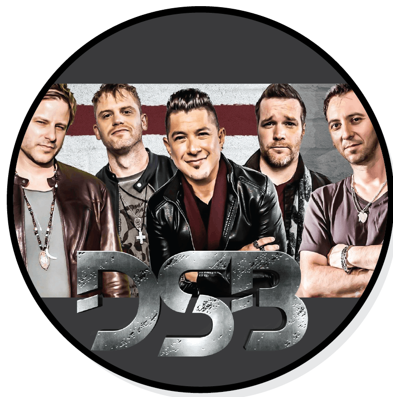 Five men in leather jackets stand behind a "DSB" logo on a circular image with a striped background.