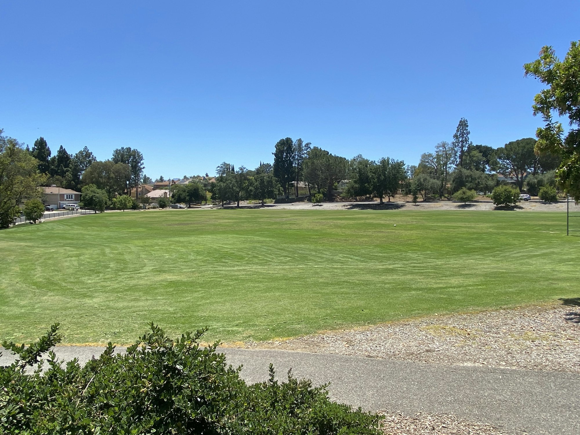 A large green field with trees and houses in the background under a clear blue sky.