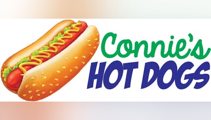 Illustration of a hot dog with mustard and relish next to the text "Connie's Hot Dogs."
