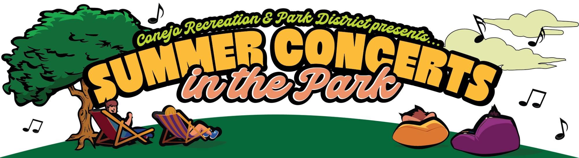 Summer Concerts in the Park promo with people relaxing under a tree.