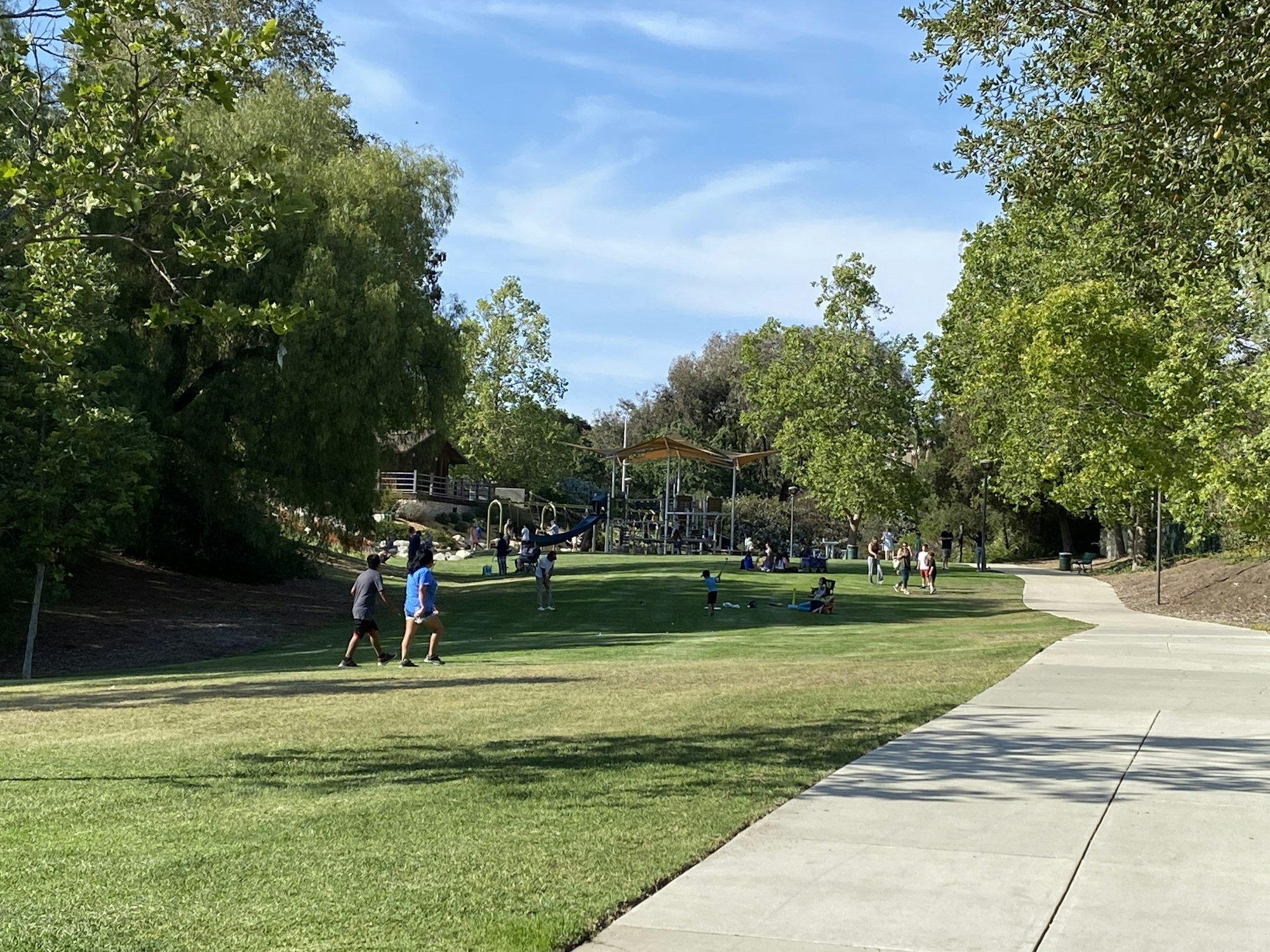 A park with a playground, people walking and playing on the grass, surrounded by trees under a blue sky.