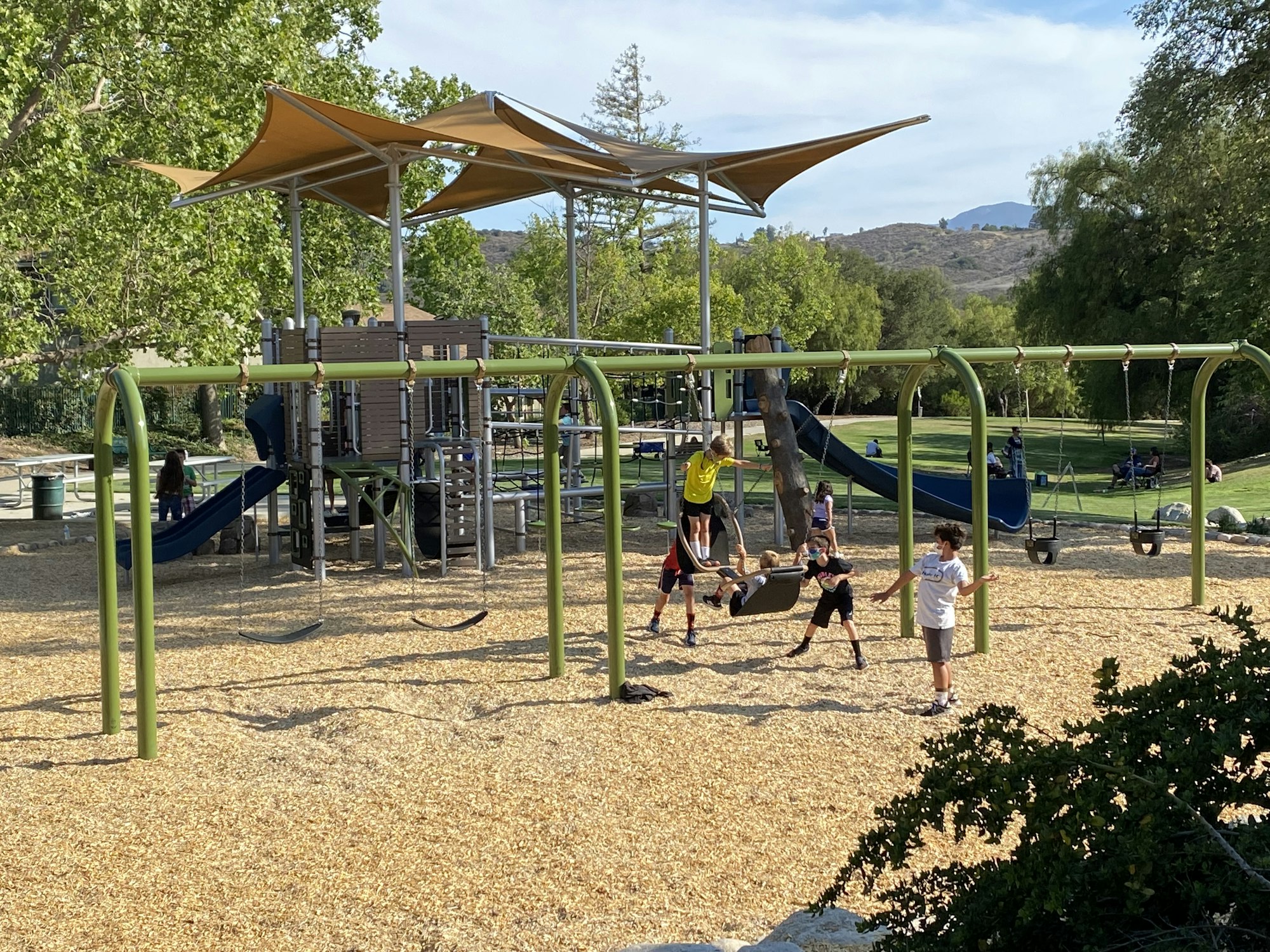 Children playing on swings and slides at a park playground with trees and mountains in the background.