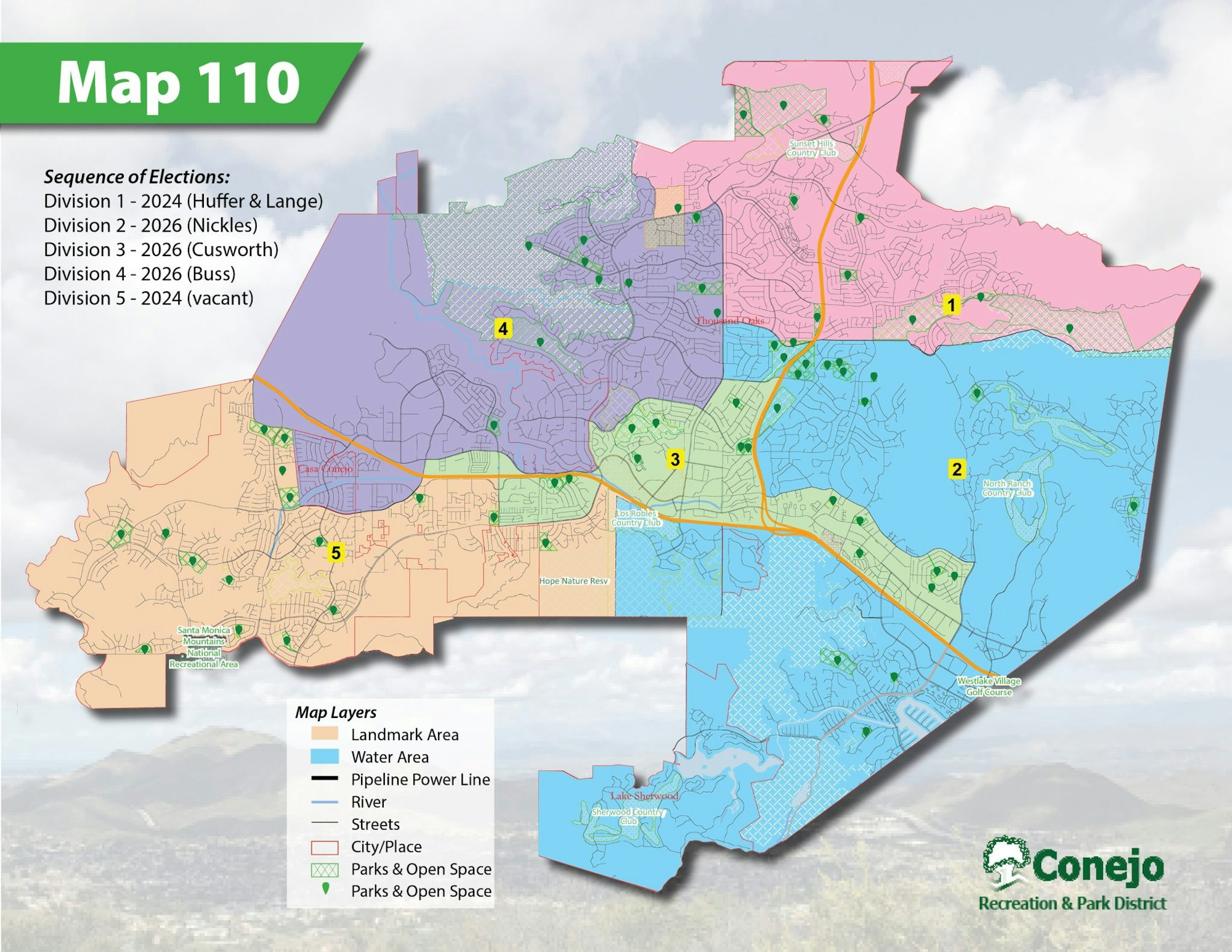 Map 110 of Conejo Recreation & Park District showing divisions with election years, landmarks, and open spaces.