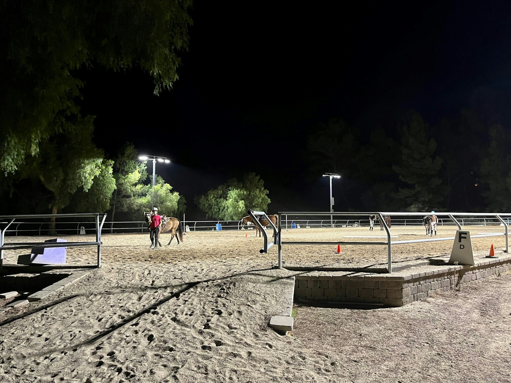 A nighttime horse riding arena with people and horses, lit by overhead lights.