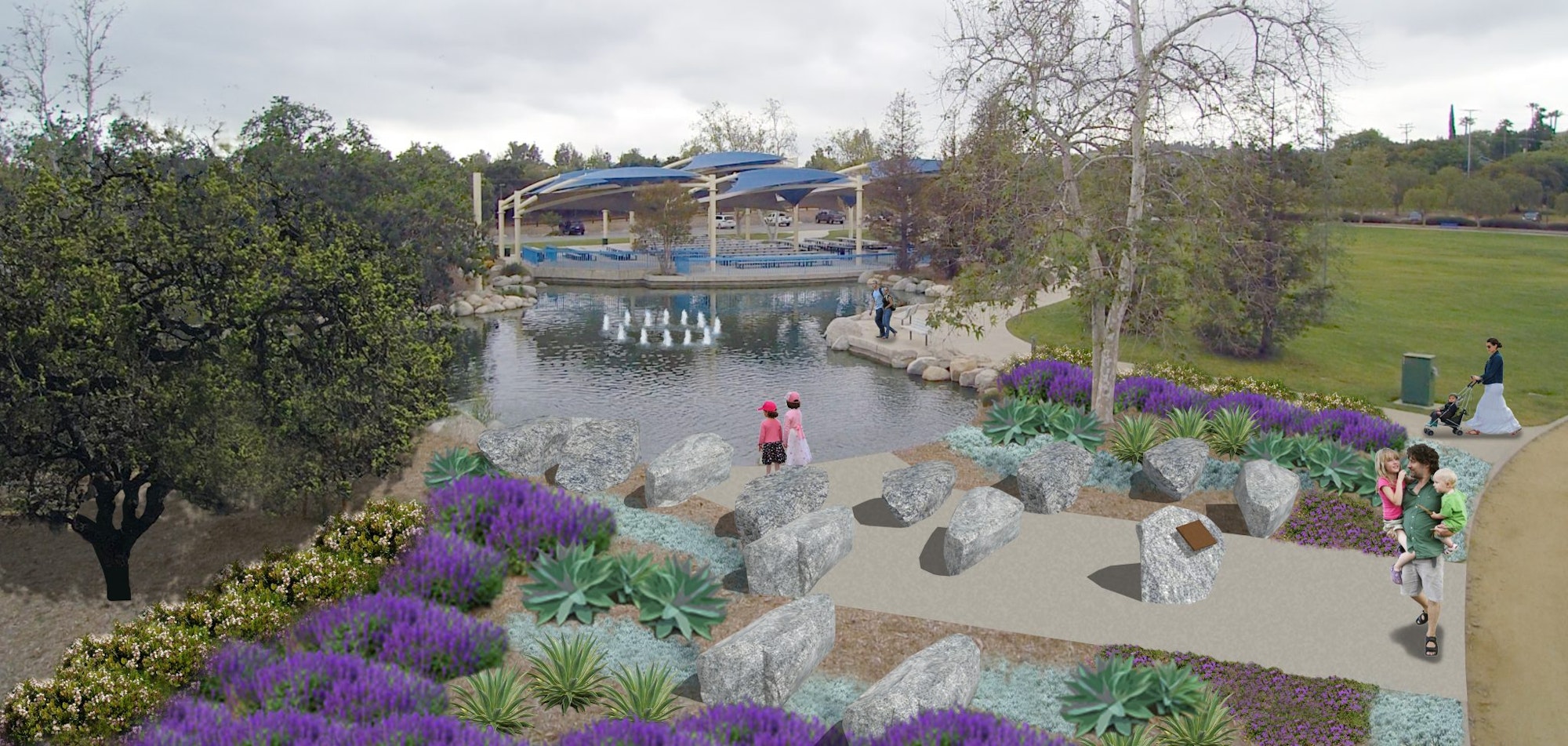 A park scene with a pond, people walking, children in red hats, rocks, and purple flowers.