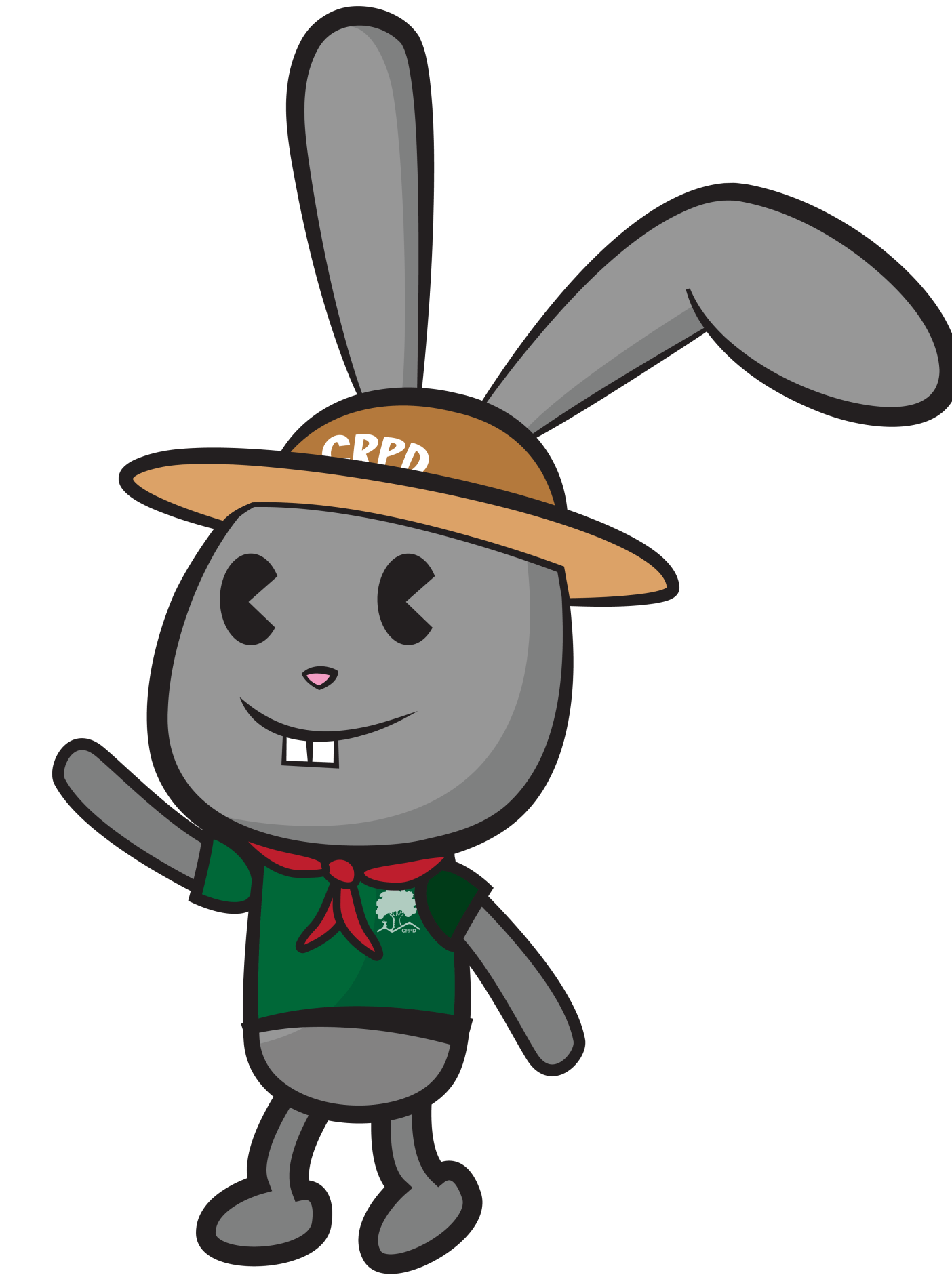 A cartoon gray rabbit wearing a hat and green shirt with a red scarf.