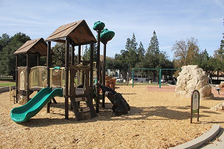 A playground with slides, climbing structures, swings, and a rock wall on wood chips, surrounded by trees.