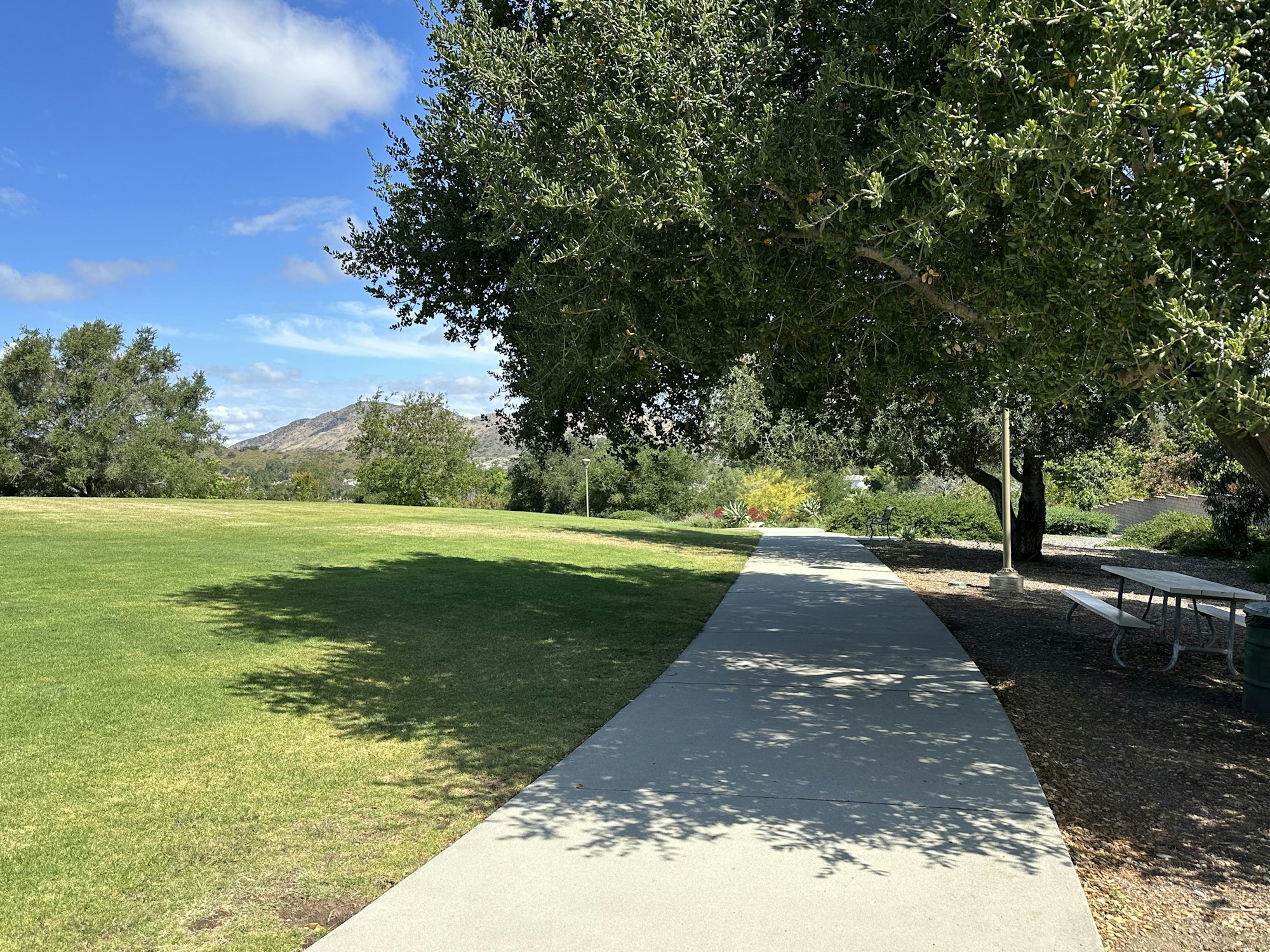 A scenic park path curves through green grass, shaded by trees, with mountains in the distance and a picnic table nearby.