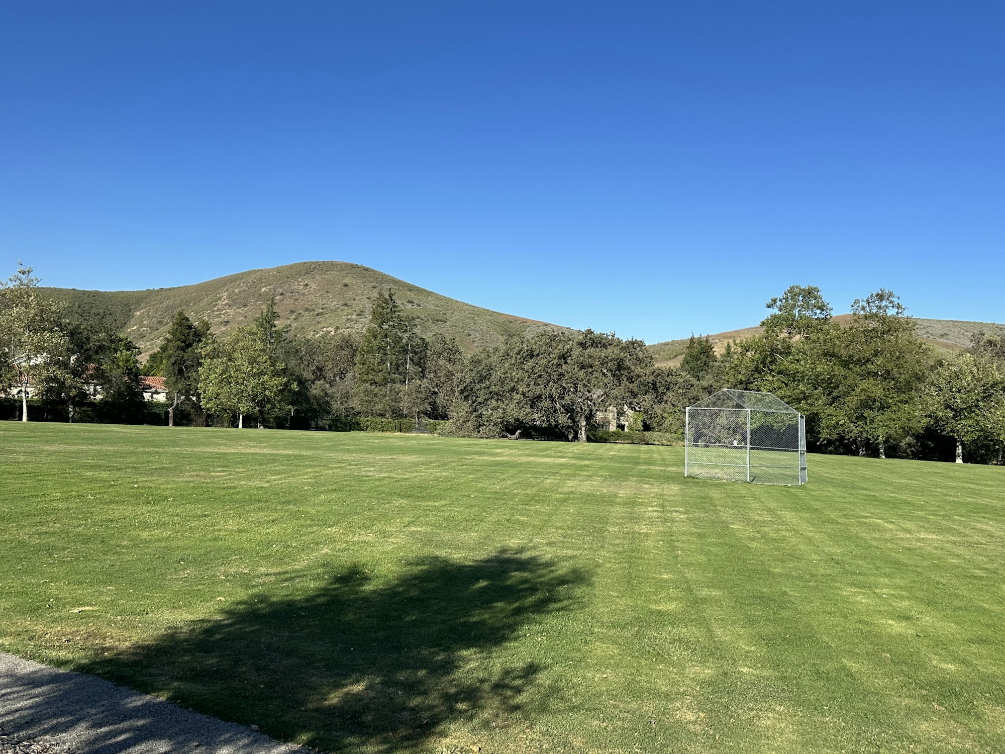 A sunny park with green grass, hills in the background, and a batting cage on the lawn. Clear blue sky above.