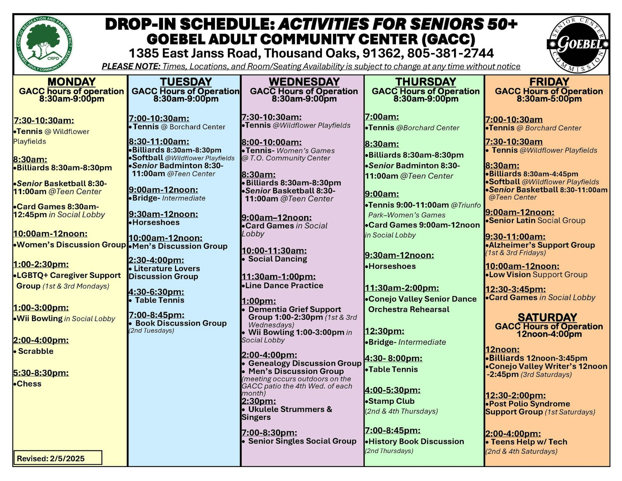 Weekly activity schedule for seniors at Goebel Adult Community Center. Activities include sports, games, discussion groups, and support groups.