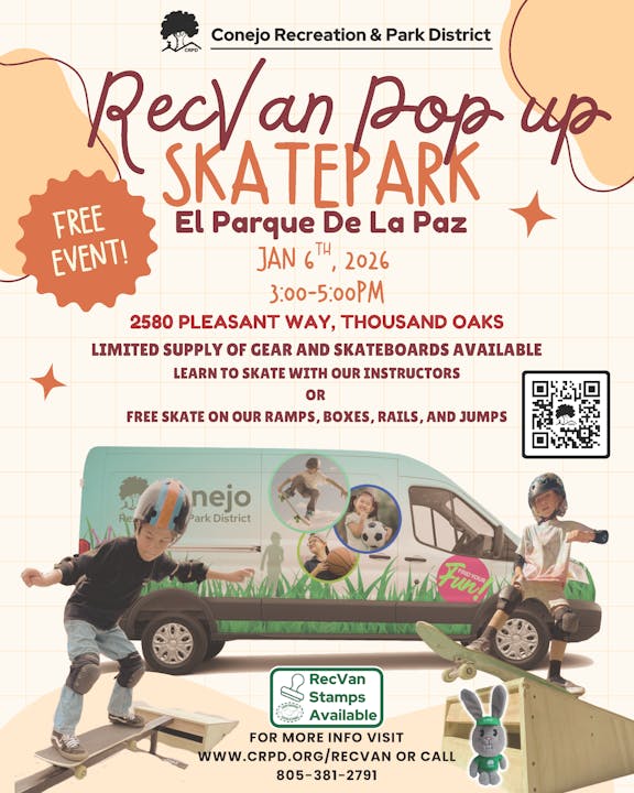 Free skatepark event on Jan 6, 2026, from 3-5 PM in Thousand Oaks. Learn to skate or enjoy ramps and gear.