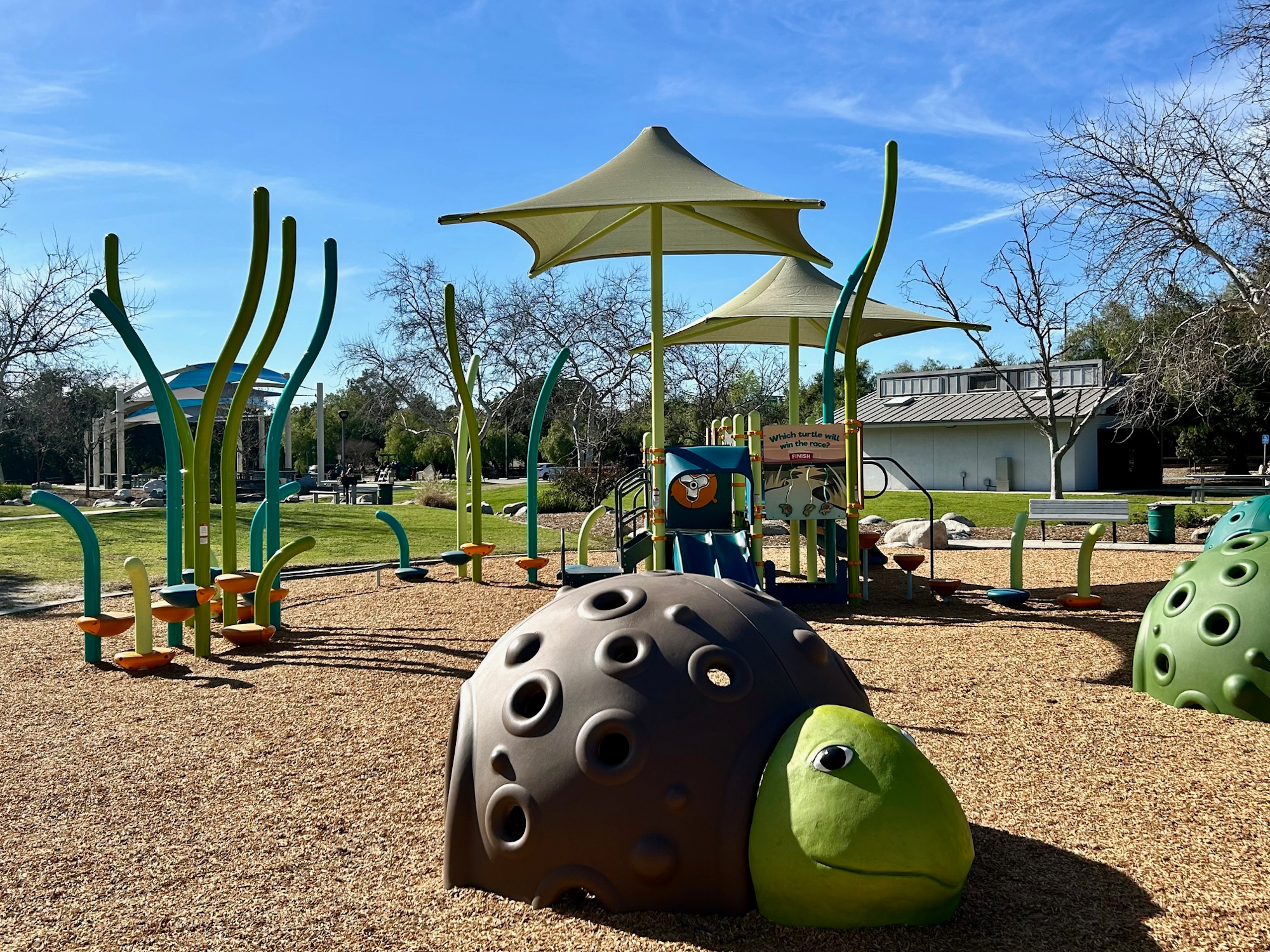 Outdoor playground with play structures, a turtle-shaped sculpture, and shade canopies surrounded by trees and grass.