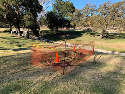 An orange mesh fence and traffic cones surround a small dug-up area on grass, with trees in the background.