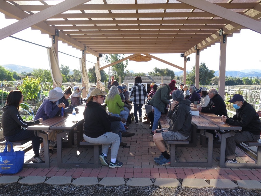 A group of people sit under a pergola, listening to a speaker in a garden setting.