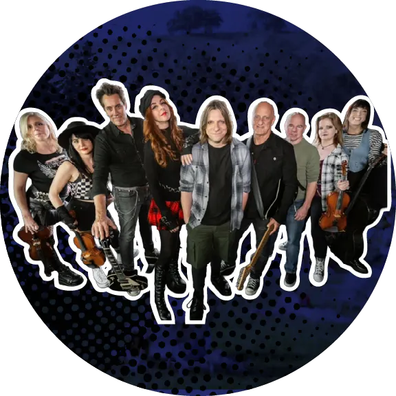 A group of musicians, some holding violins, posed together against a stylized background.