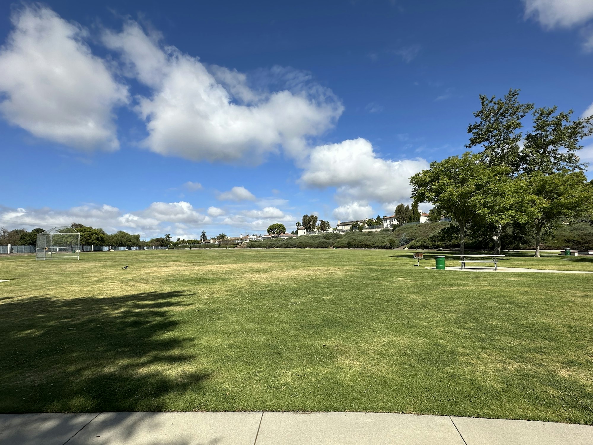 A spacious park with green grass, scattered trees, a picnic table, and a few clouds in a blue sky.