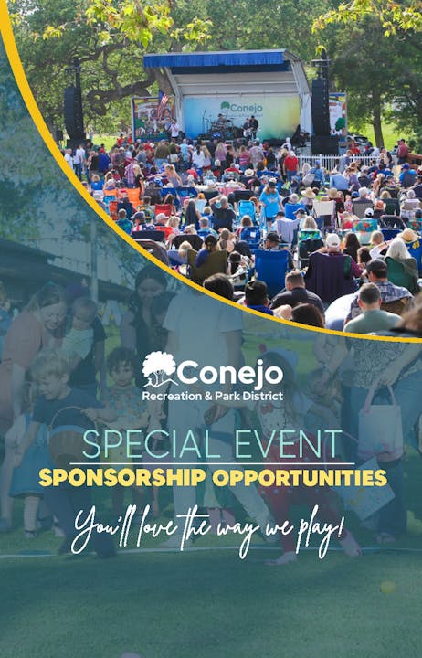 A crowd enjoys a special event hosted by Conejo Recreation & Park District, featuring a stage and sponsor opportunities.