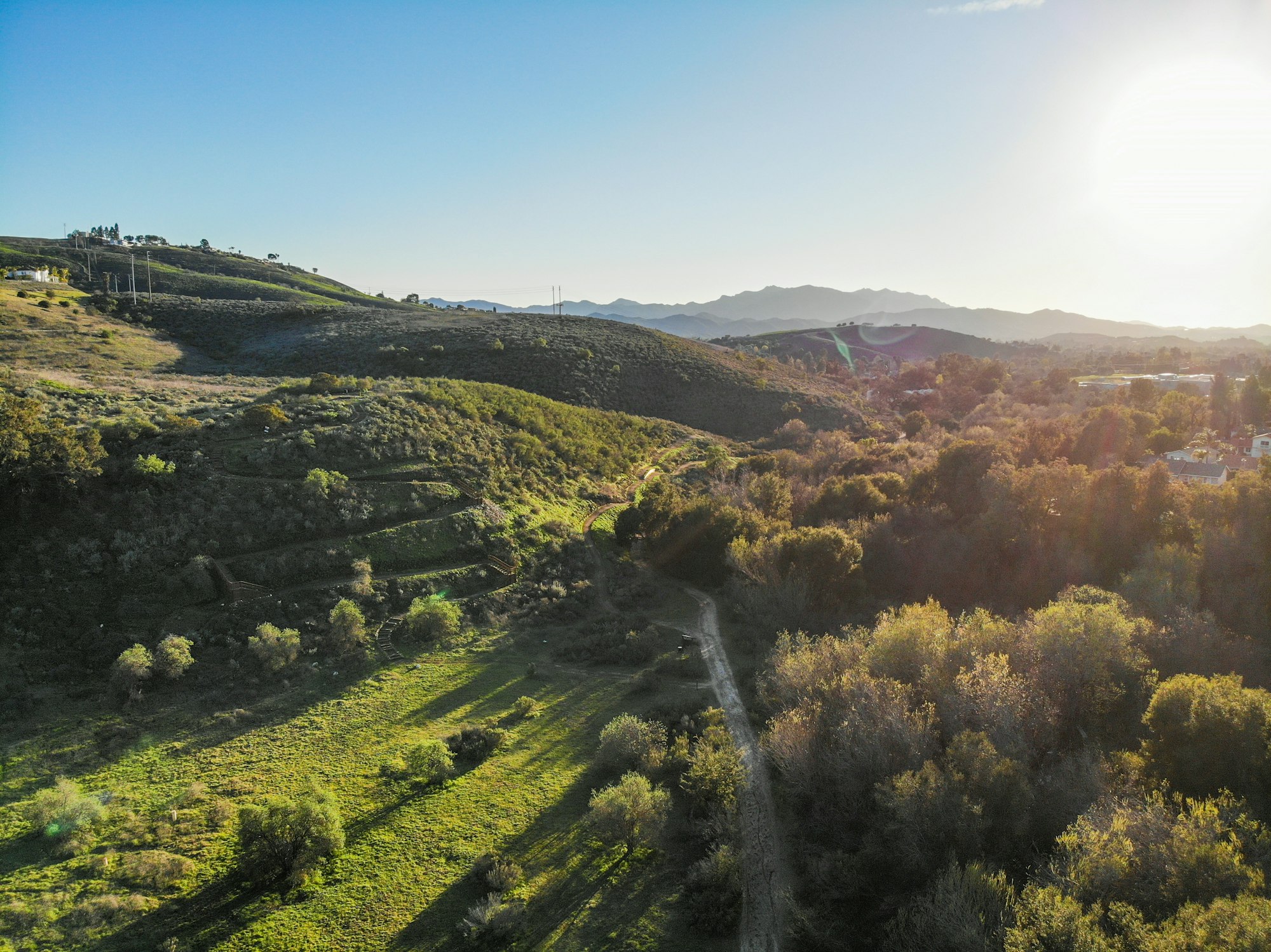 Rolling hills with green vegetation, a dirt path, and a bright sun in a clear blue sky.