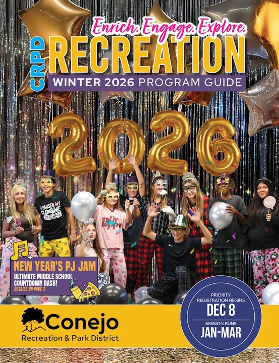 CRPD Recreation Winter 2026 program guide with kids in pajamas celebrating, balloons spelling "2026", and New Year's PJ Jam info.