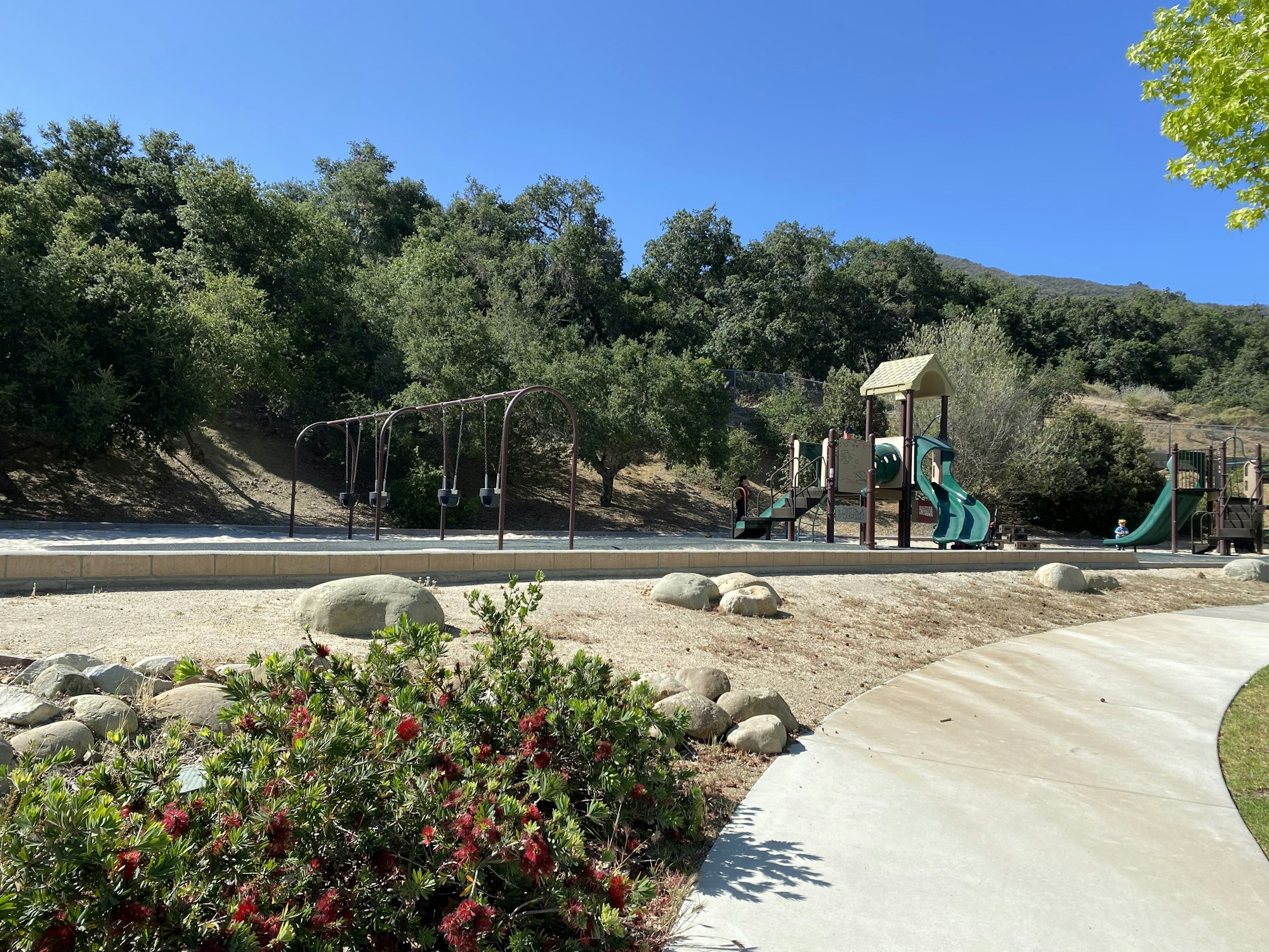 Playground with swings, slides, and a climbing structure surrounded by trees and a sidewalk.