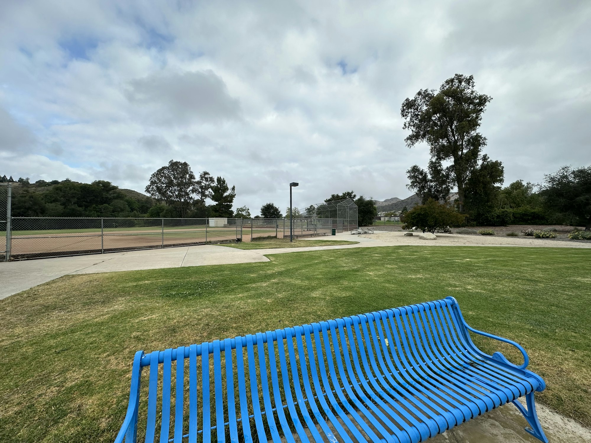 A blue bench sits in a park with a baseball field and trees in the background under a cloudy sky.