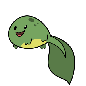 A cute, cartoonish green creature with a long tail and a happy face.