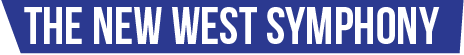The image features the text "THE NEW WEST SYMPHONY" in bold, white letters on a blue background.