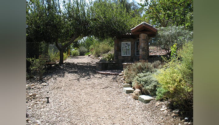 A dirt path leads through a garden with trees and shrubs, alongside a small stone and wood structure.