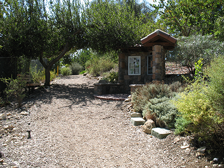 A dirt path leads through a garden with trees and shrubs, alongside a small stone and wood structure.