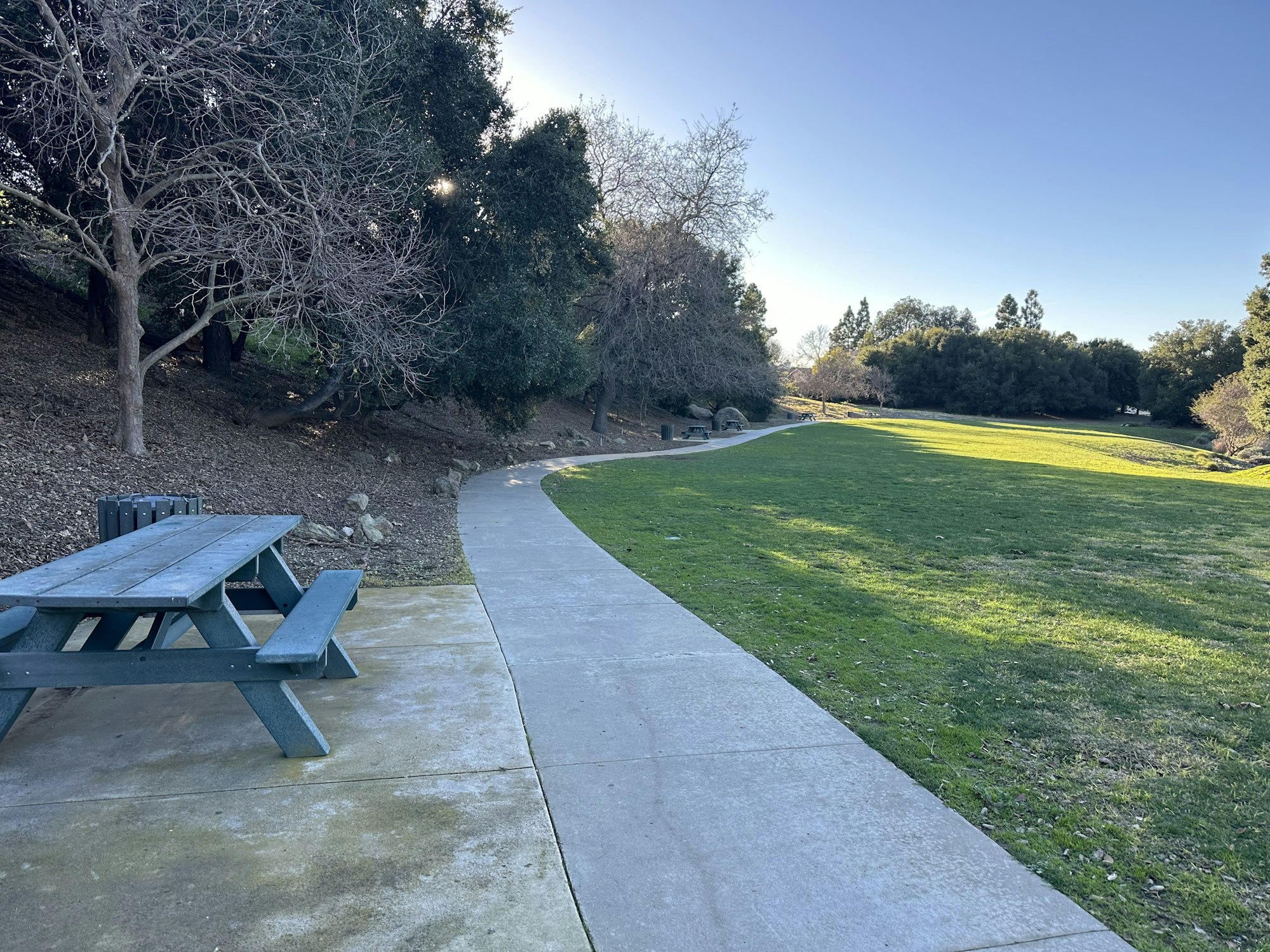 A park scene with a picnic table, pathway, grassy area, and trees under a clear sky.