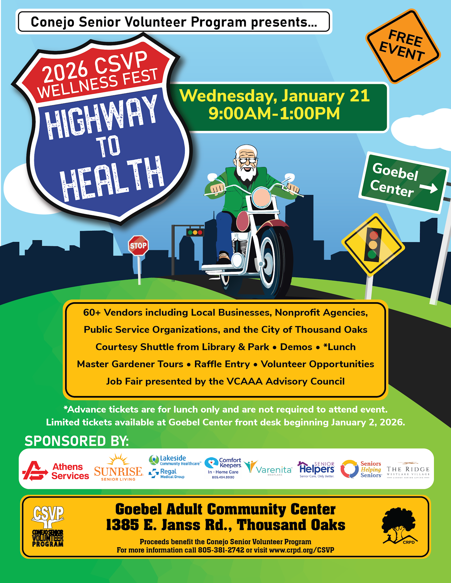 The image promotes the 2026 CSVP Wellness Fest, a free event with vendors, demos, and activities for seniors on January 21 at Goebel Center.